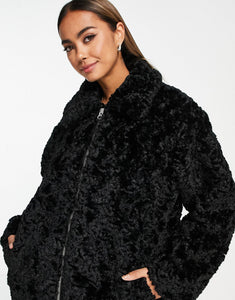 Monki faux fur boxy jacket black