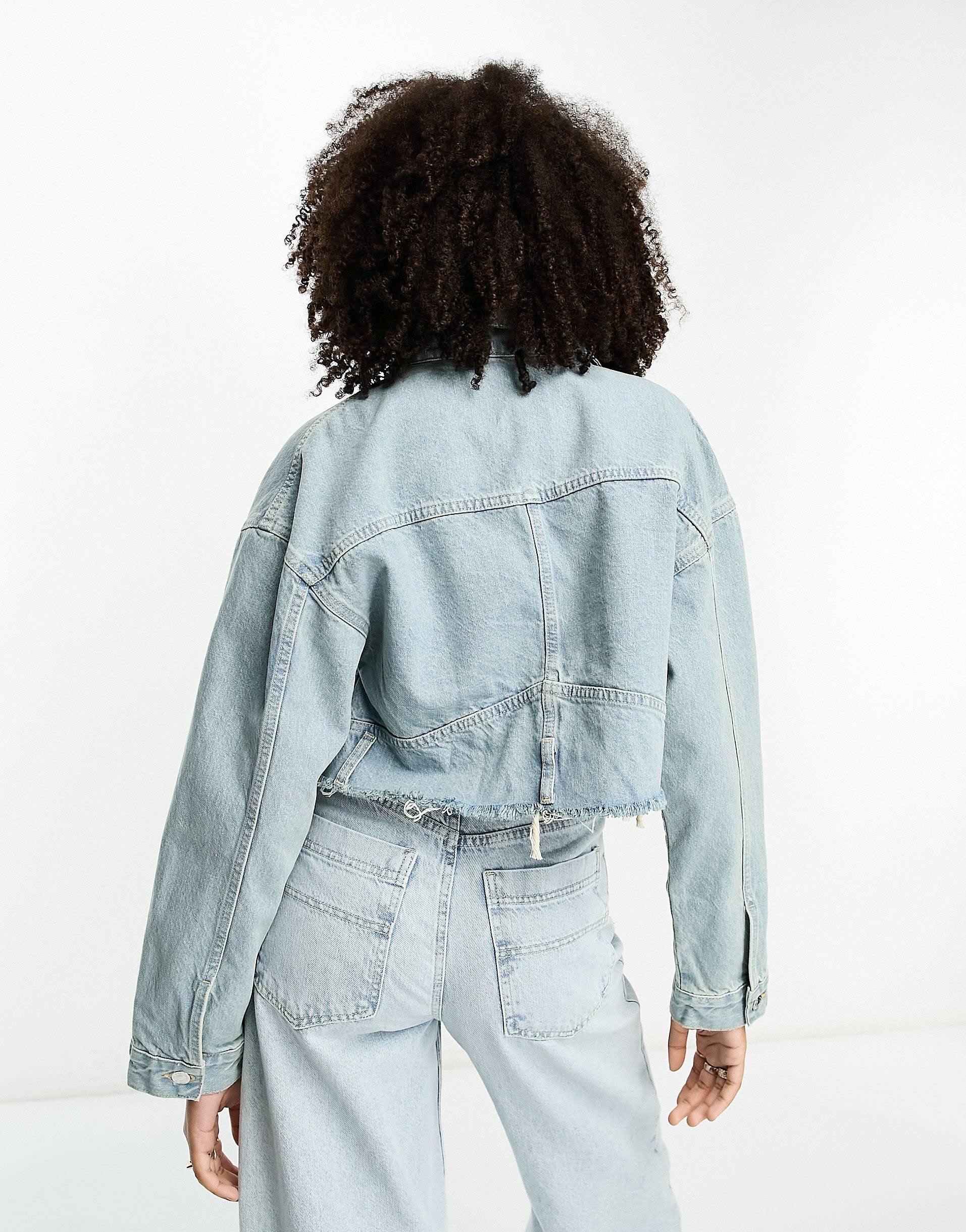 Mango denim jacket distressed hem blue