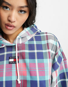 Tommy Jeans logo crop hoodie tartan