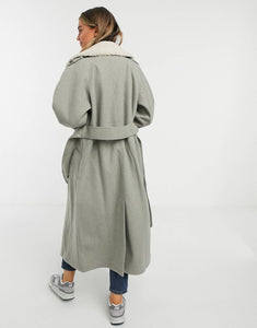 Borg collared belted maxi coat