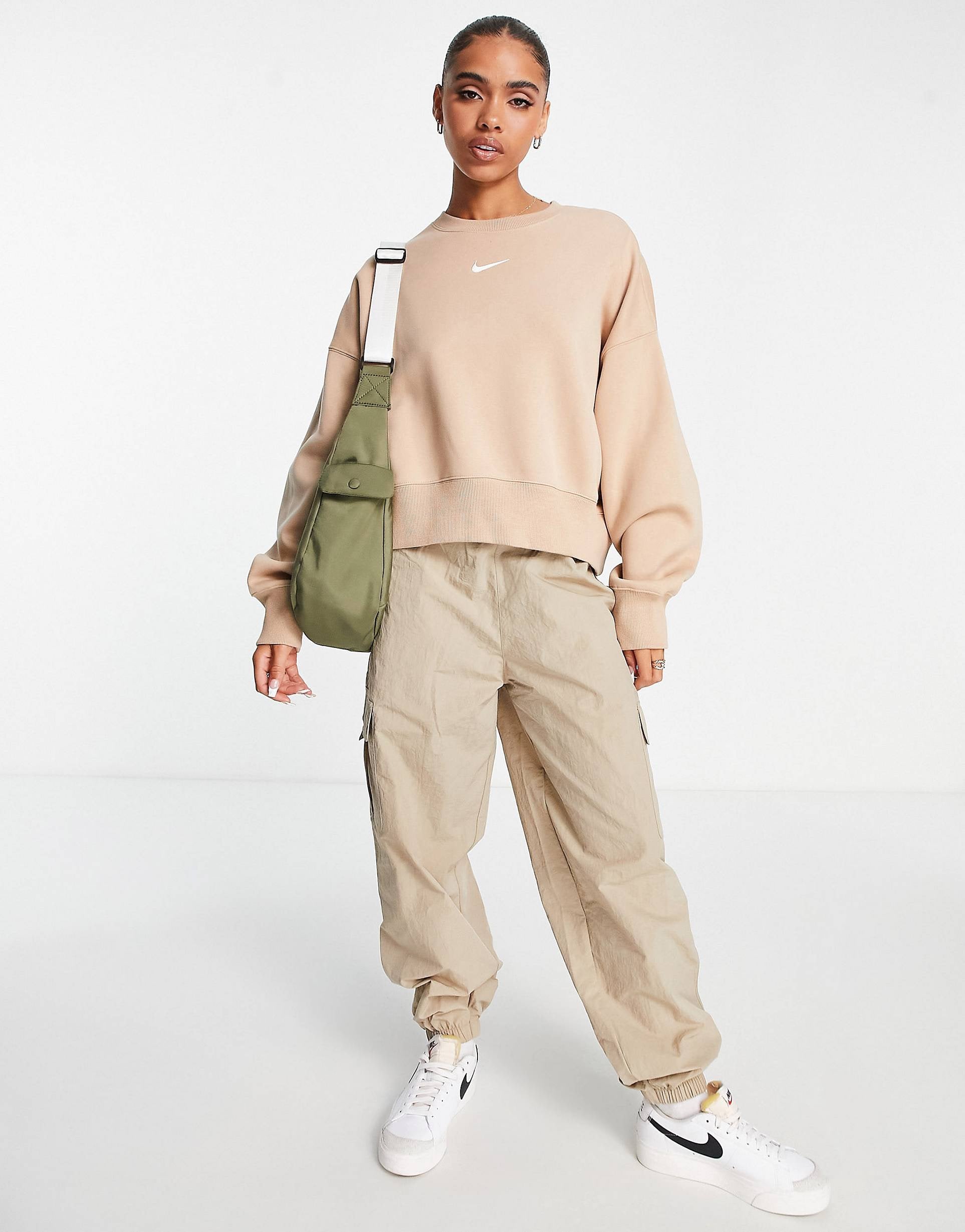 Nike mini swoosh oversized cropped light beige sweatshir sale