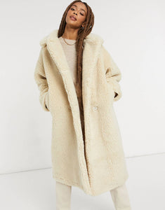 Monki Teddy borg coat in off white