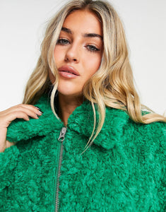 Monki faux fur boxy jacket green