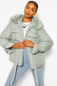 Faux Fur Trim Pocket Detail Puffer