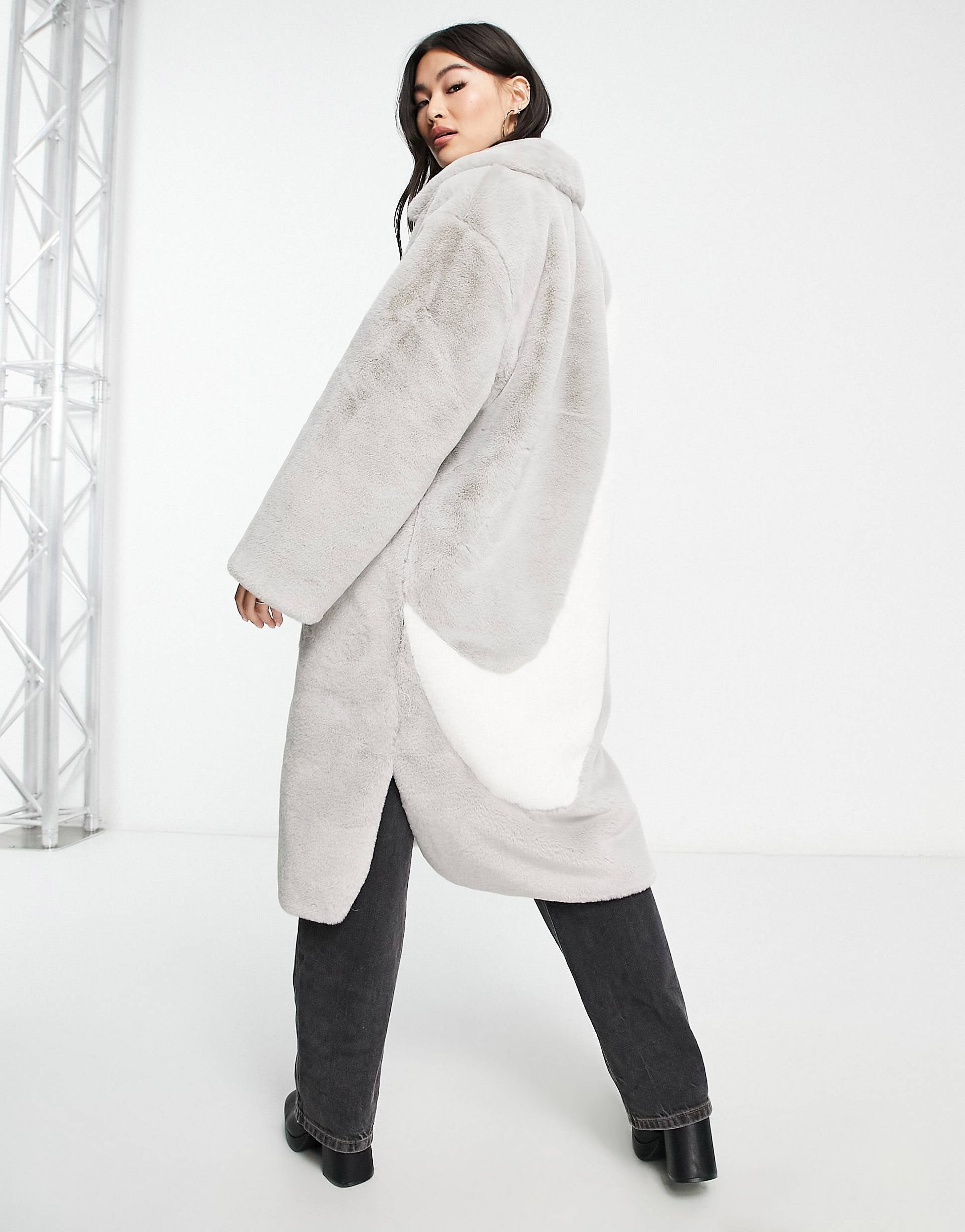 Nike long faux fur swoosh coat grey white