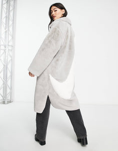Nike long faux fur swoosh coat grey white