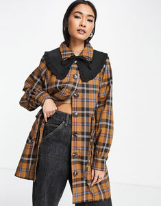 Y.A.S coat detachable collar brown check