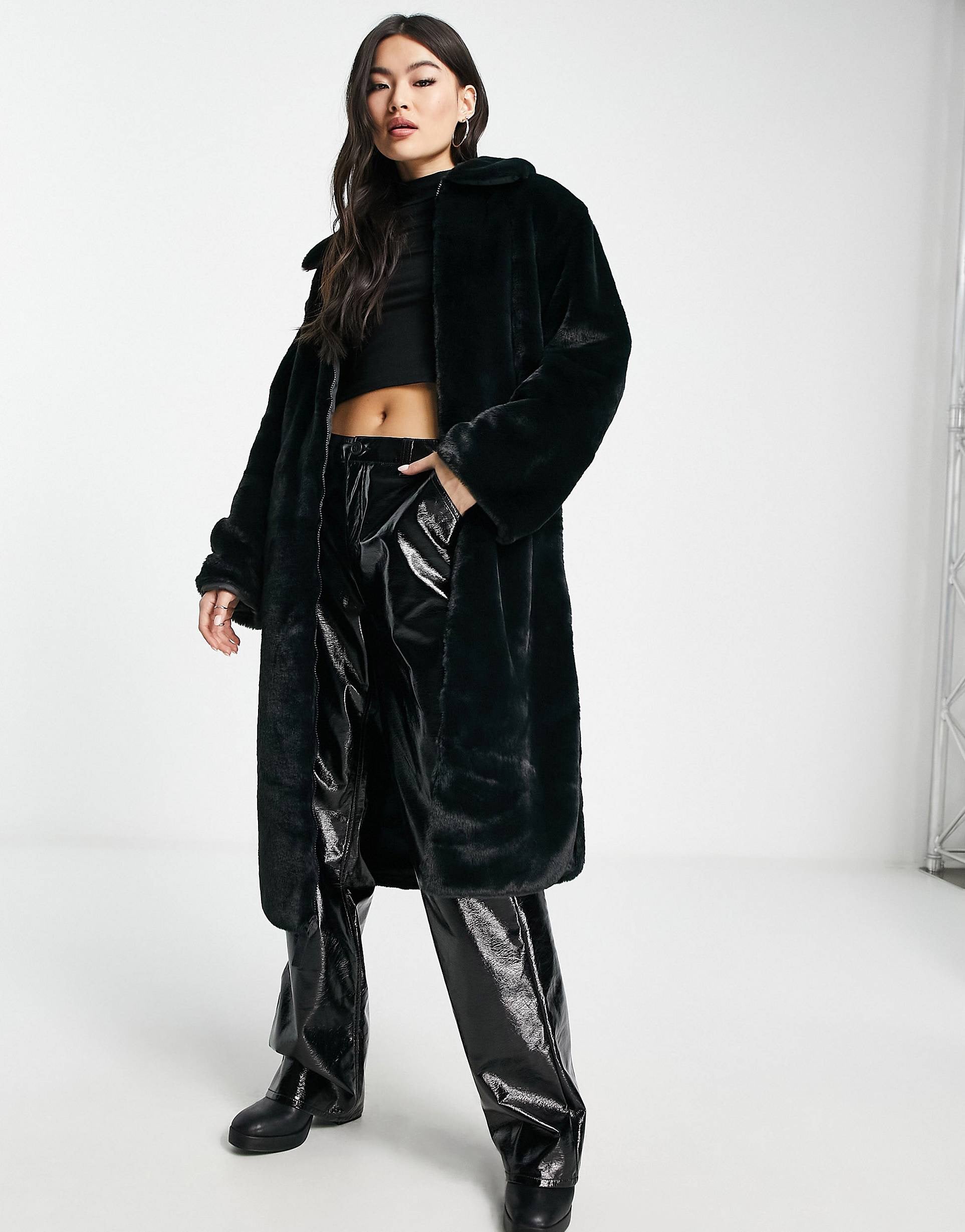 Nike long faux fur swoosh coat black white