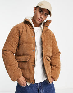 Only & Sons boxy cord puffer jacket brown