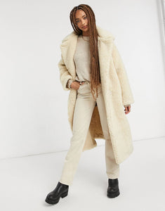 Monki Teddy borg coat in off white