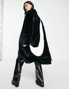 Nike long faux fur swoosh coat black white