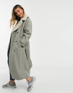 Borg collared belted maxi coat