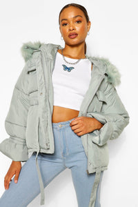 Faux Fur Trim Pocket Detail Puffer